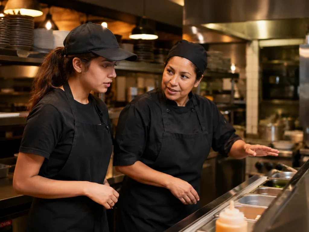 Professional restaurant kitchen staff working at multiple stations during service preparation