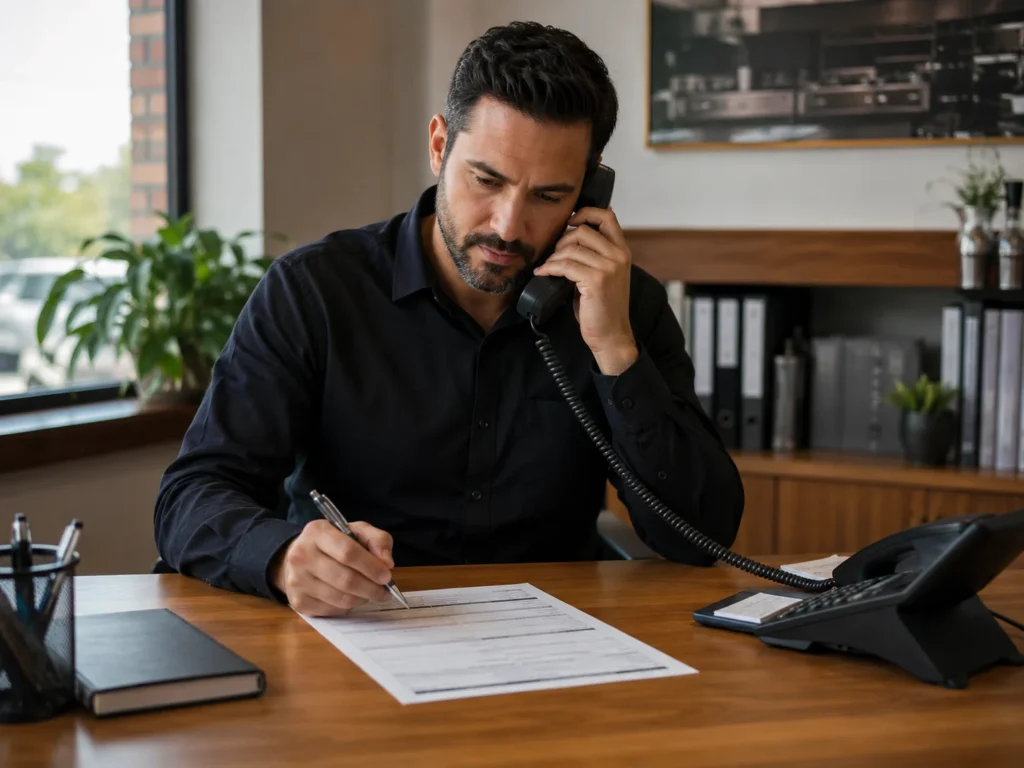 Restaurant manager conducting a reference check by phone before hiring a cook candidate