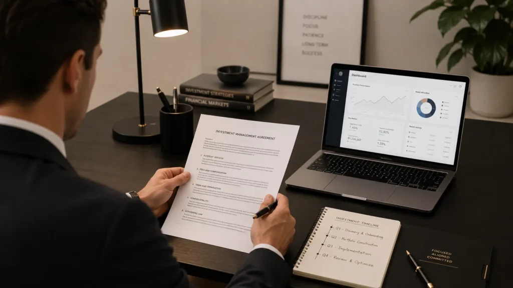 Interim finance professional analyzing business dashboard data