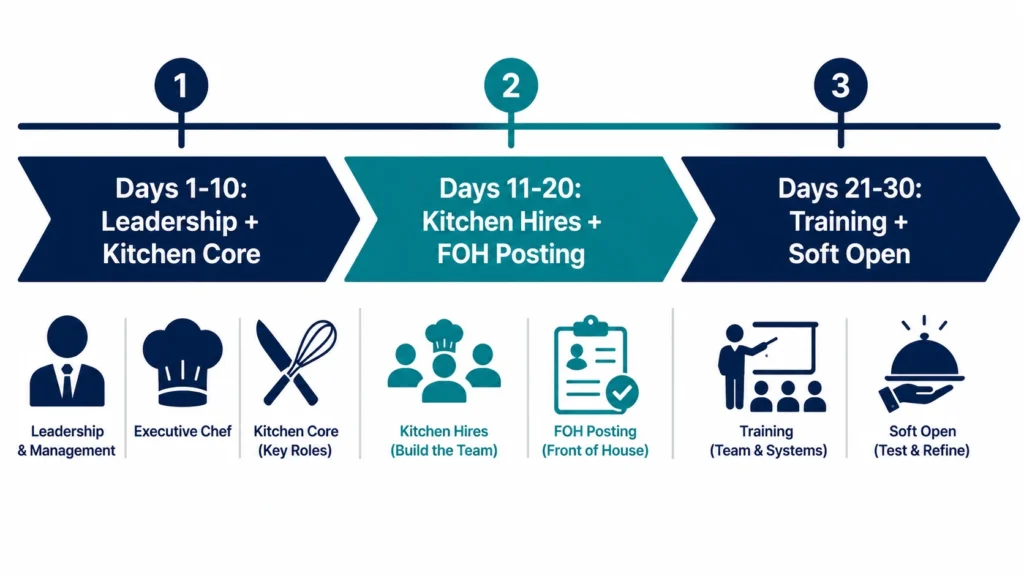 Thirty-day restaurant staffing and opening timeline