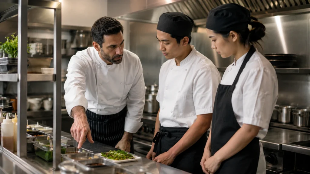Executive chef training kitchen staff before opening