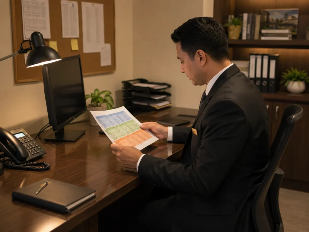 Hotel manager reviewing seasonal staffing schedules