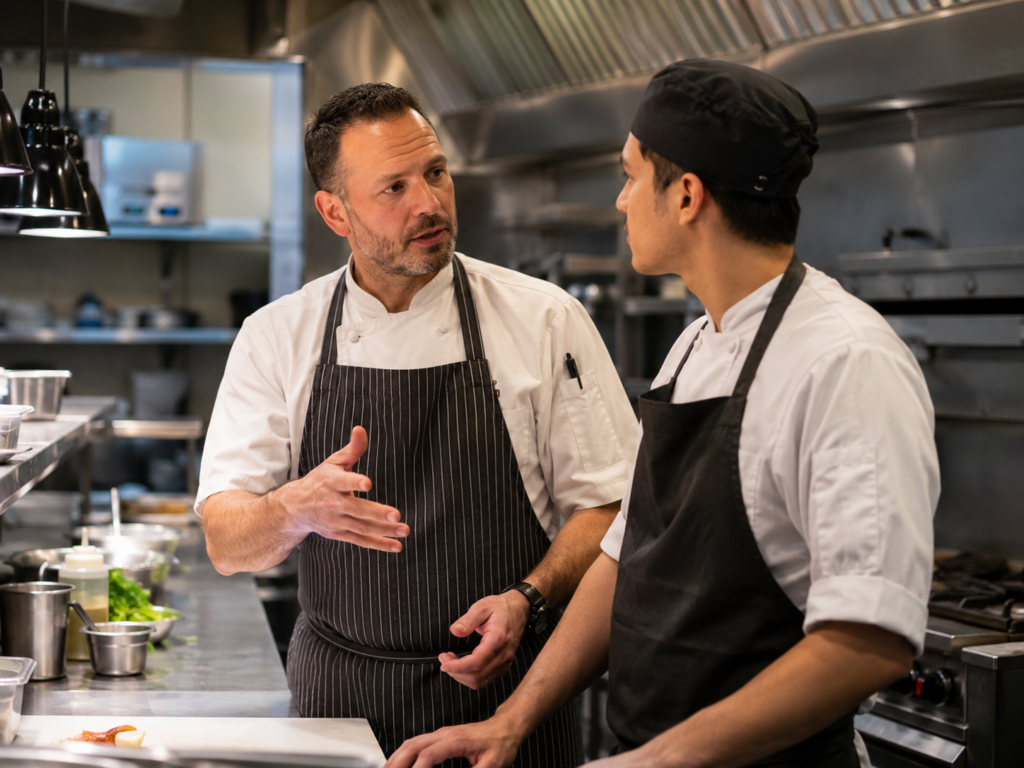 Chef interviewing kitchen candidate about job expectations
