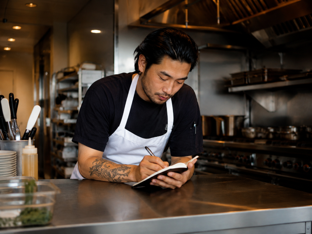 Line cook reviewing notes after restaurant shift interview